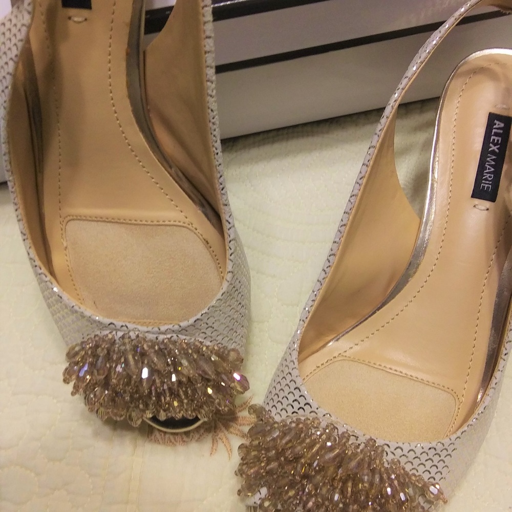 ALEX MARIE JEWELED GOLD SLING BACK PEEP TOE SHOES